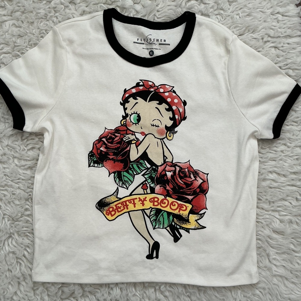 Fleischer Studios Betty Boop T-Shirt Women XL White Excellent Tattoo Rose Ringer